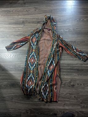 Women's Hooded Aztec Rock N Roll Denim Open-Front Cardigan